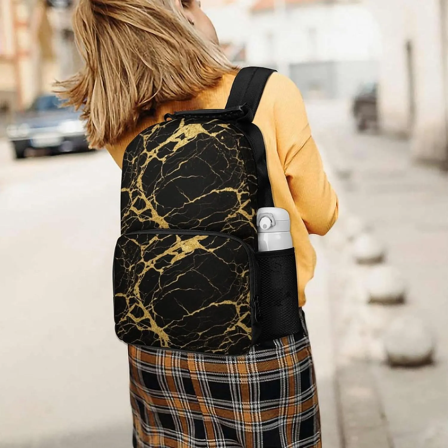 Supdreamc Lightweight Daypack Backpack for Trekking Work Running - Big Capacity Multipurpose Anti-Theft Bookbag, Black Marble Gold Texture Art Business Computer Bag