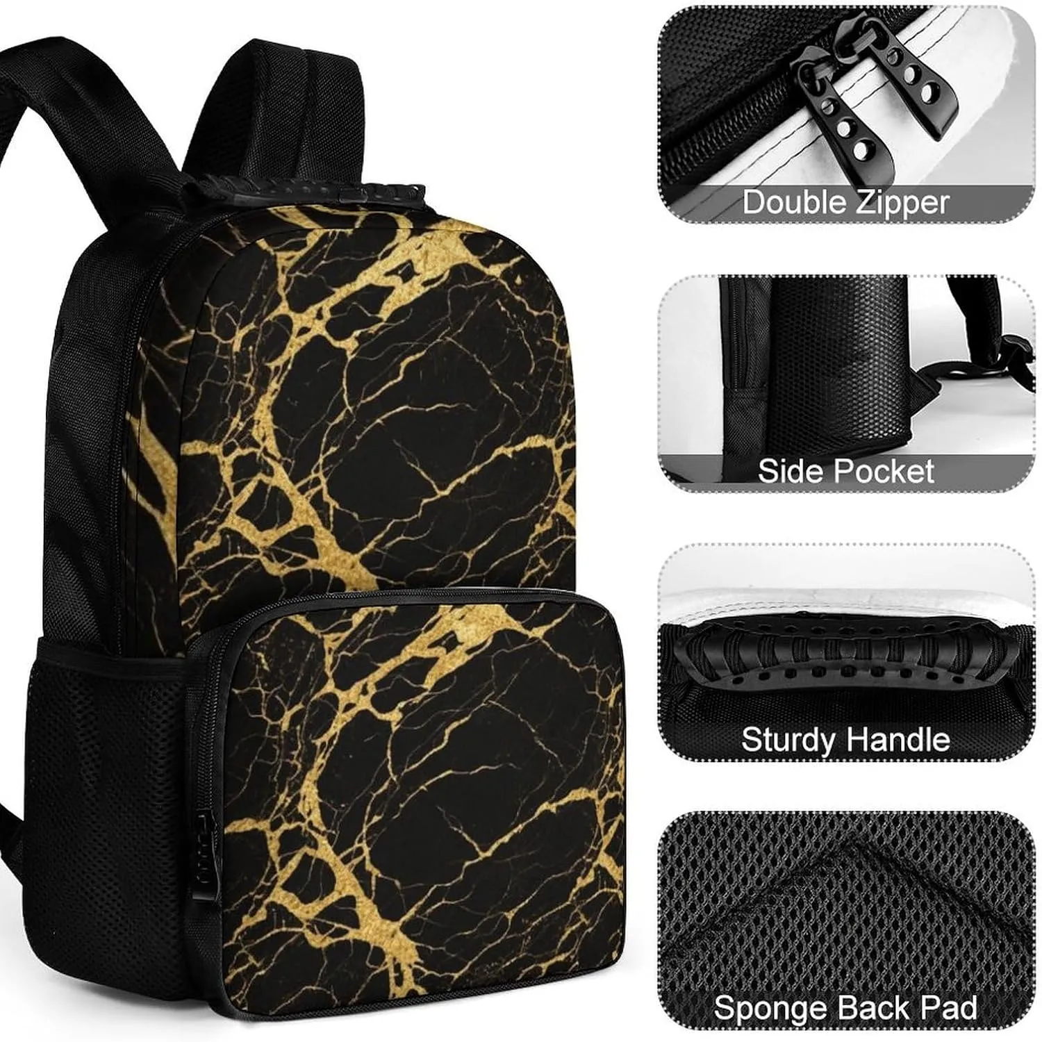 Supdreamc Lightweight Daypack Backpack for Trekking Work Running - Big Capacity Multipurpose Anti-Theft Bookbag, Black Marble Gold Texture Art Business Computer Bag