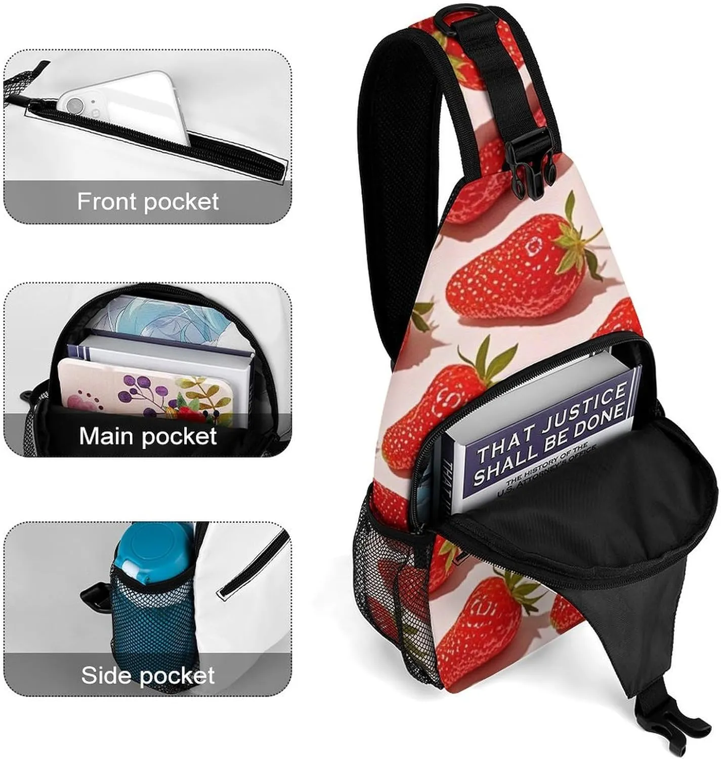 Supdreamc Men & Women Sling Backpack Casual Carrying Tote Case Crossbody Travel Bag - Multipurpose Anti-Theft Tote Bags, Cute Pink Strawberry Art Small Crossbody Chest Rucksack