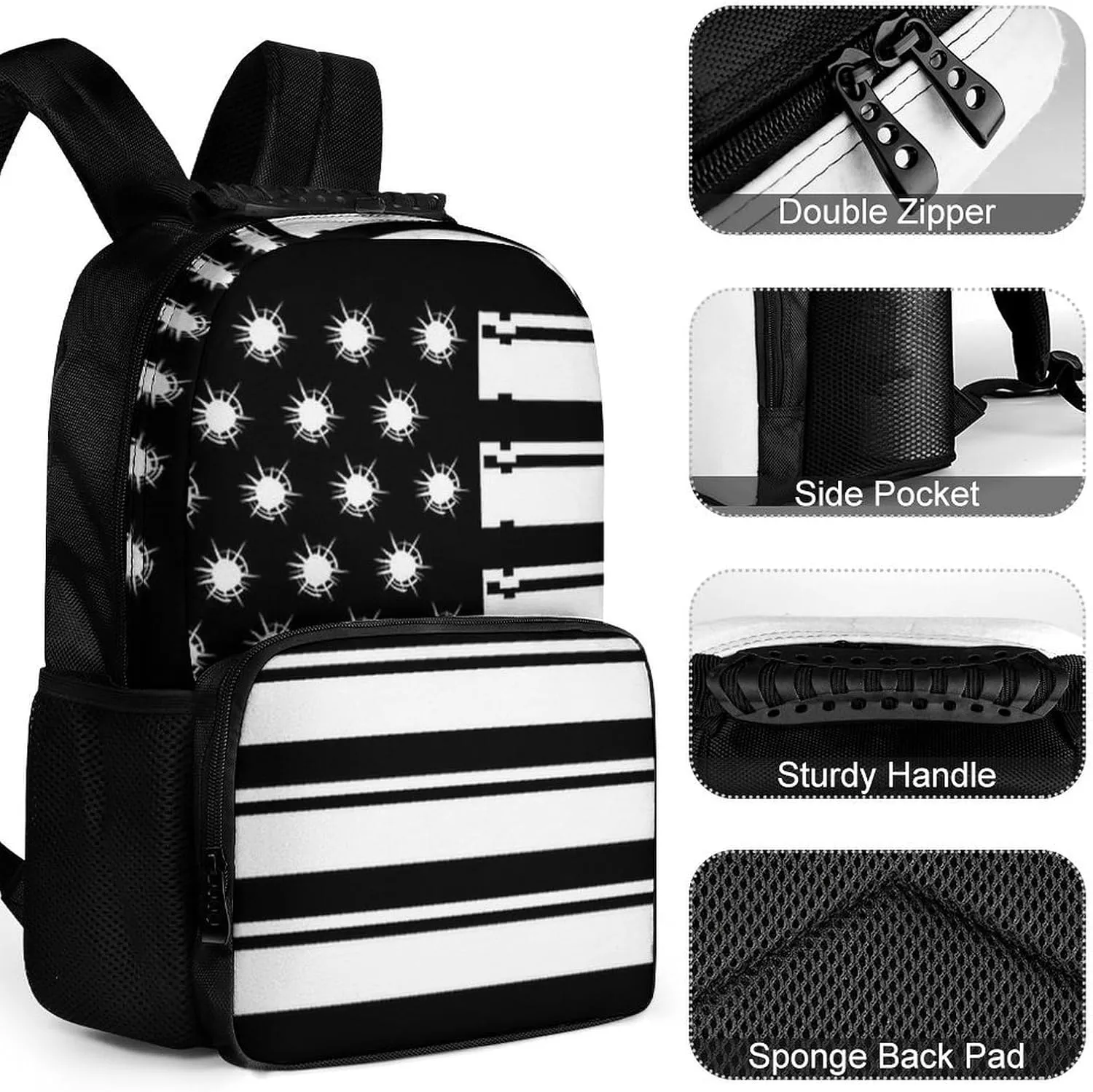 Supdreamc Men Women Lightweight Bullet Black And White American Flag Backpack Large Capacity Bookbag With Smooth Zippers for Gym Business Running