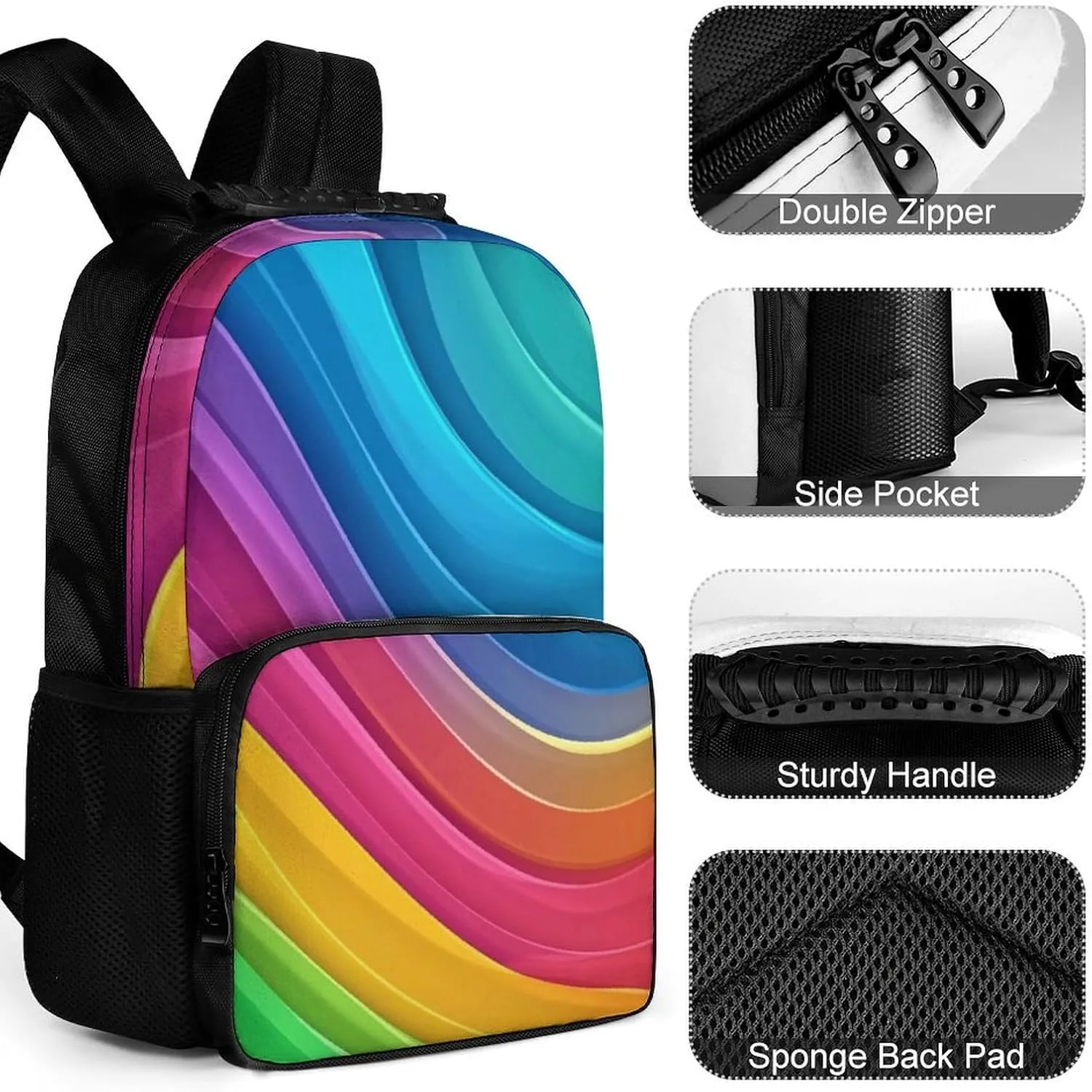 Supdreamc Men Women Lightweight Colorful Tie Dye Rainbow Gradient Daypack Bookbag Big Capacity Carry On Bag With Side Pockets for Camping Travel Bicycle