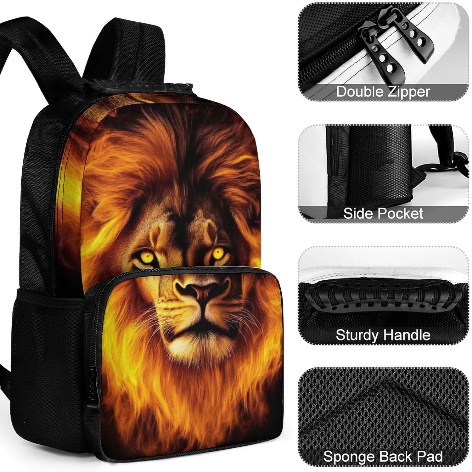 Supdreamc Men Women Lightweight Cool Fire Lion Art Backpack Large Capacity Bookbag With Smooth Zippers for Gym Business Running