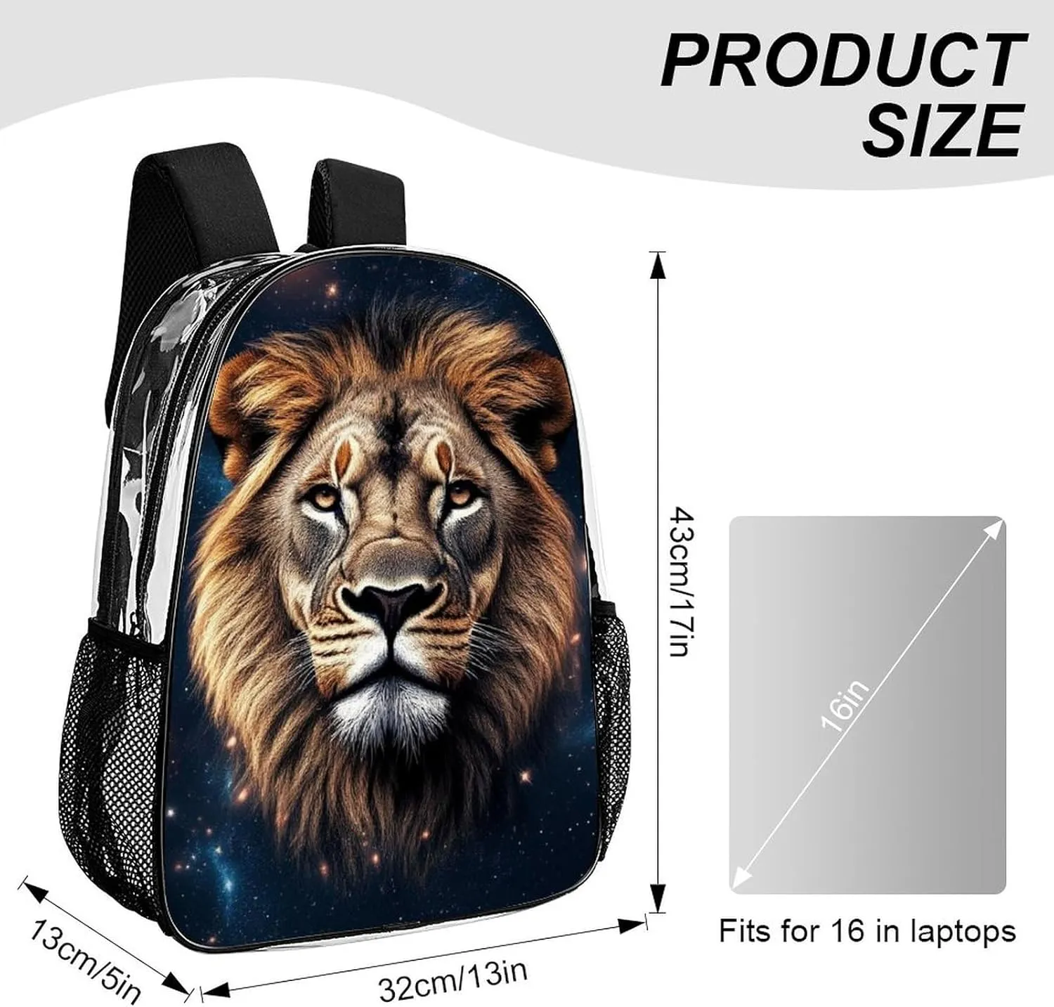 Supdreamc Men Women Lightweight Space Lion Starry Night Backpack Large Capacity Bookbag Transparent Bag for Gym Business Running