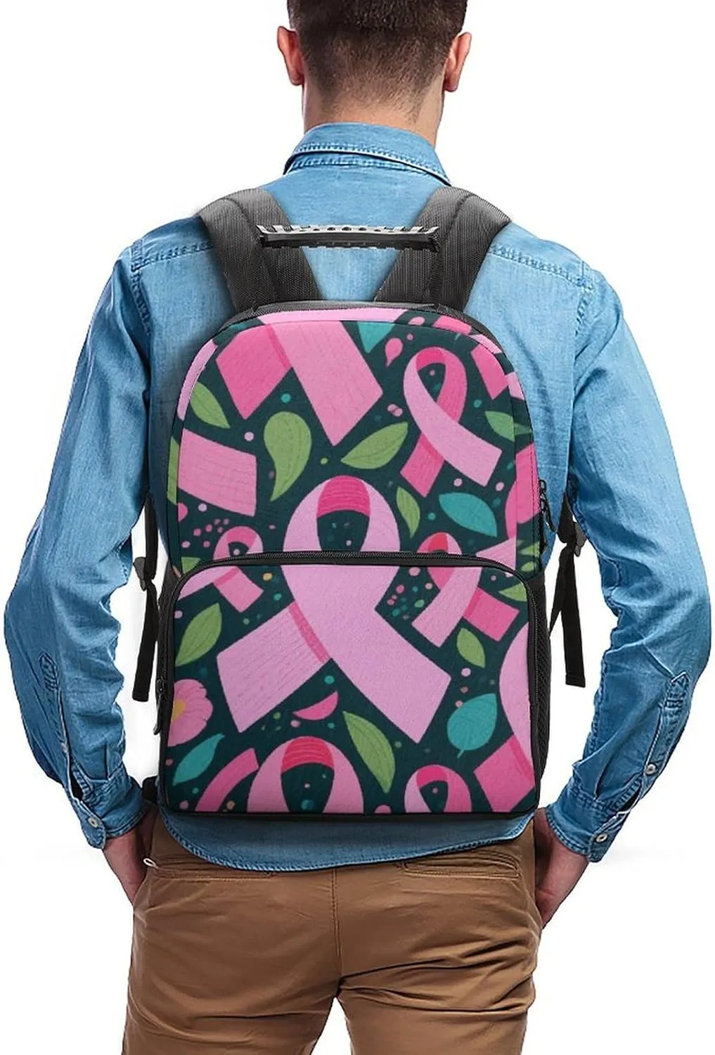 Supdreamc Men Women Polyester Colorful Ribbon Breast Cancer Awareness Art Daypack Big Capacity Shoulder Bag With Adjustable Shoulder Straps for Camping Travel Walking Cycling