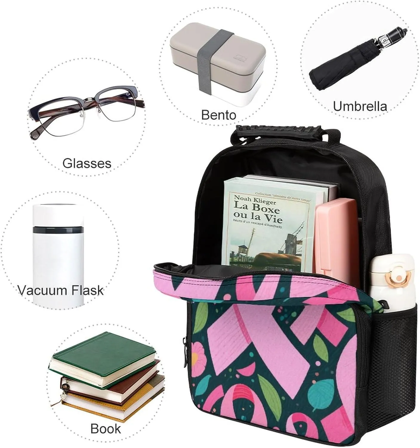 Supdreamc Men Women Polyester Colorful Ribbon Breast Cancer Awareness Art Daypack Big Capacity Shoulder Bag With Adjustable Shoulder Straps for Camping Travel Walking Cycling
