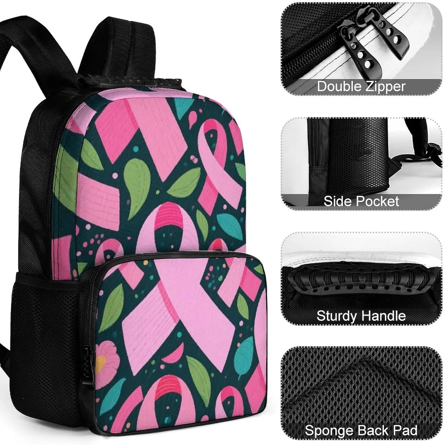 Supdreamc Men Women Polyester Colorful Ribbon Breast Cancer Awareness Art Daypack Big Capacity Shoulder Bag With Adjustable Shoulder Straps for Camping Travel Walking Cycling