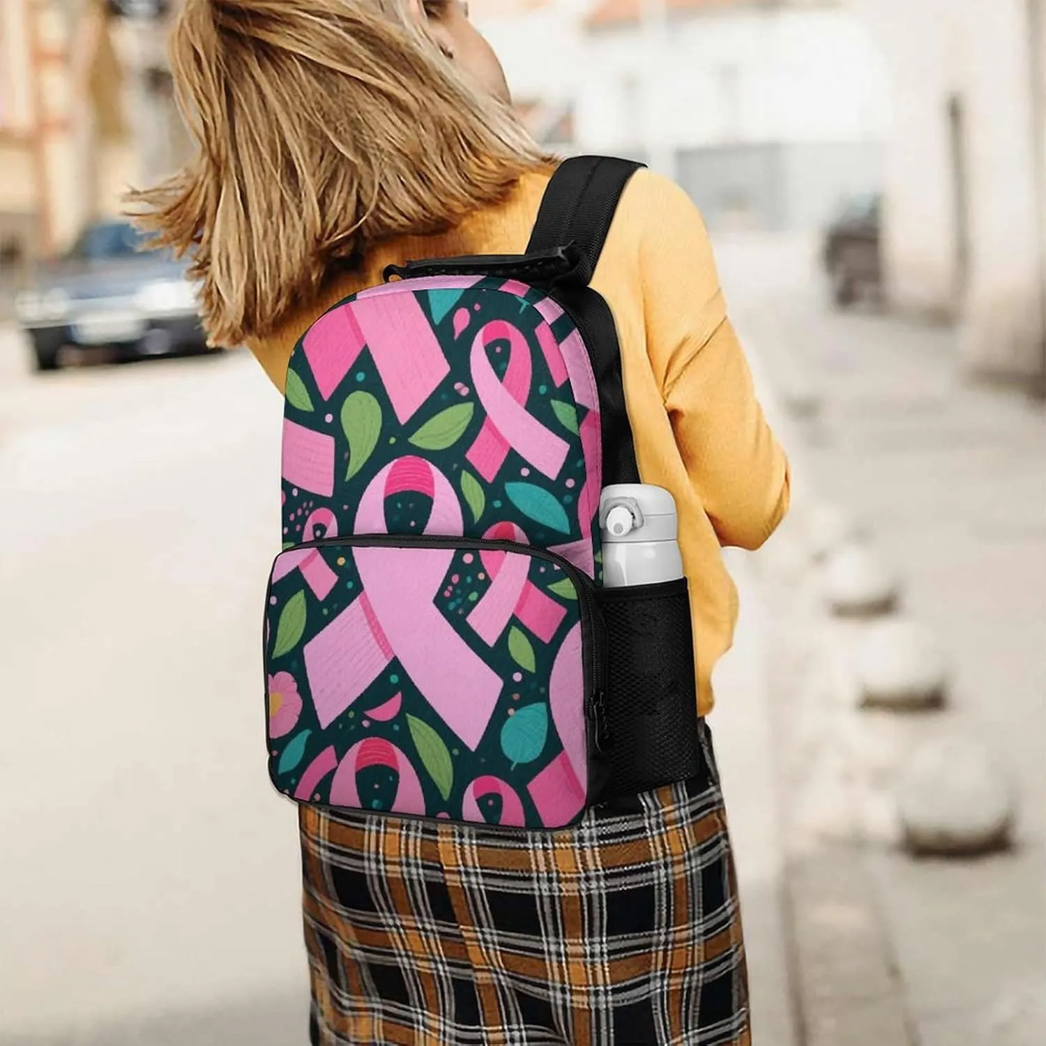 Supdreamc Men Women Polyester Colorful Ribbon Breast Cancer Awareness Art Daypack Big Capacity Shoulder Bag With Adjustable Shoulder Straps for Camping Travel Walking Cycling