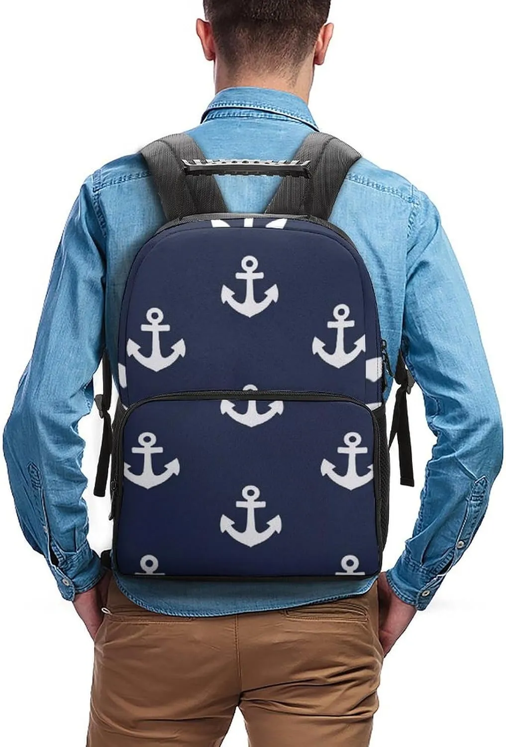 Supdreamc Nautical Anchor Navy Shoulder Book Bags Polyester Multipurpose Anti-Theft Carry On Bag Large Capacity Travel Hiking & Camping Rucksack