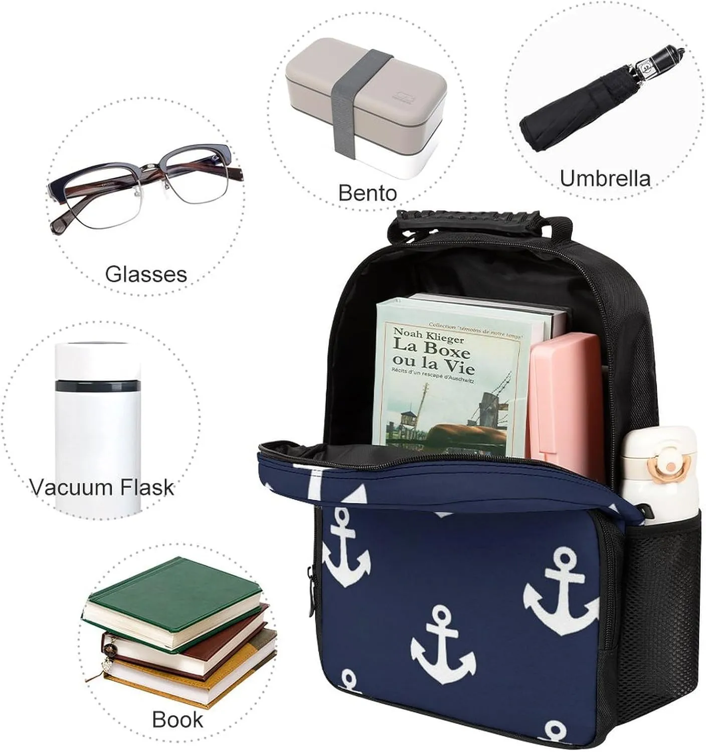 Supdreamc Nautical Anchor Navy Shoulder Book Bags Polyester Multipurpose Anti-Theft Carry On Bag Large Capacity Travel Hiking & Camping Rucksack