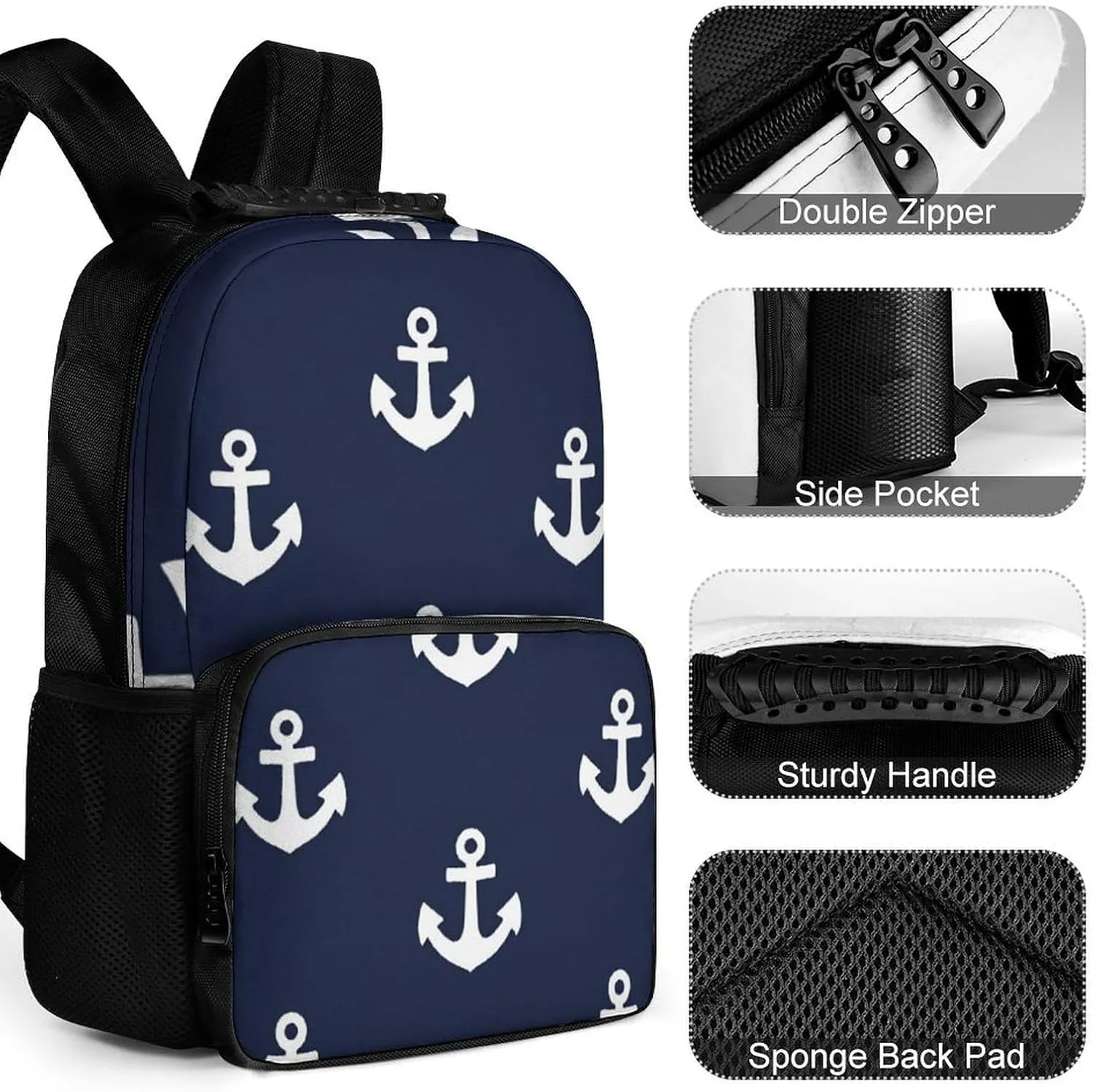 Supdreamc Nautical Anchor Navy Shoulder Book Bags Polyester Multipurpose Anti-Theft Carry On Bag Large Capacity Travel Hiking & Camping Rucksack