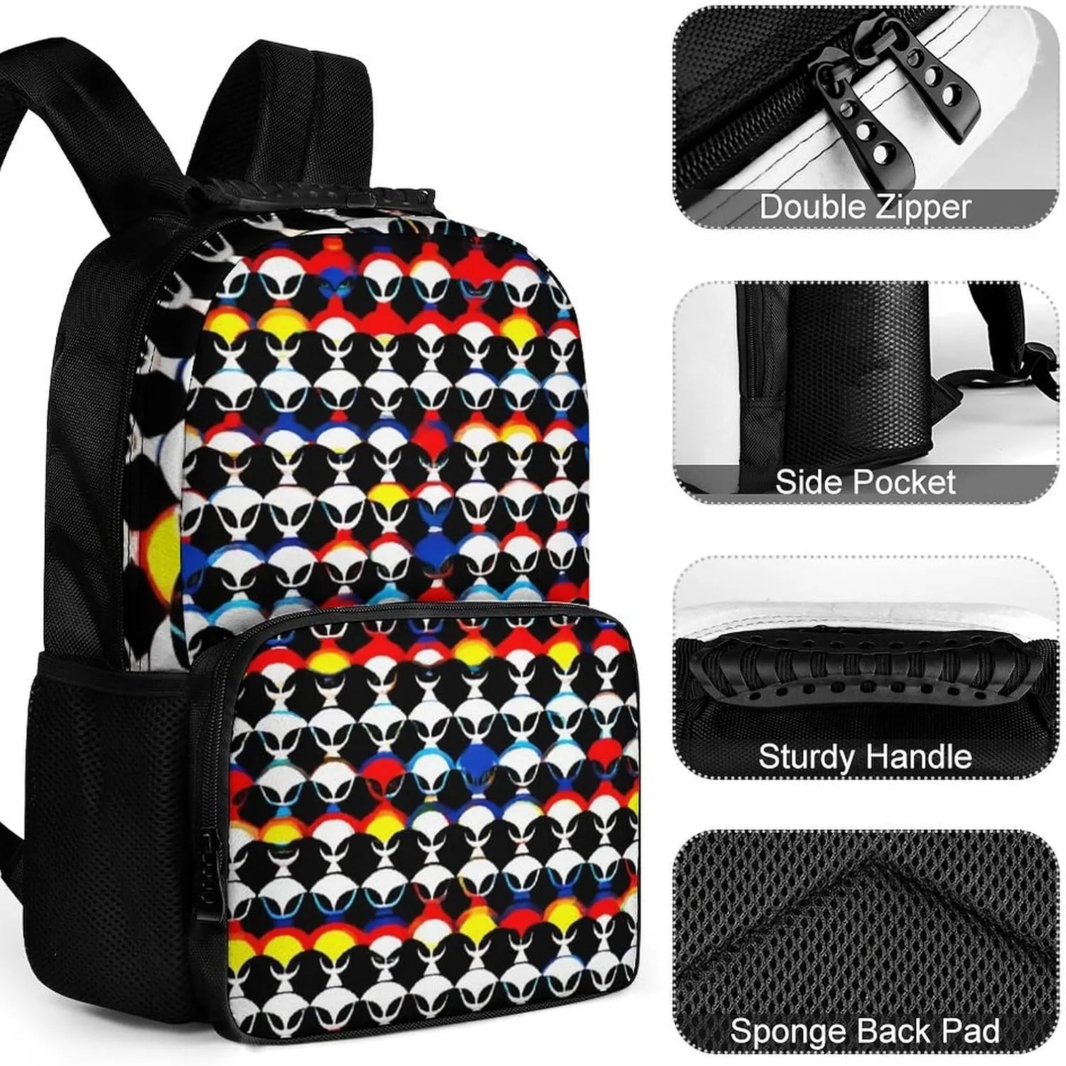 Supdreamc Polyester Daypack Backpack for Sports Travel Running - Big Capacity Anti-Theft Multipurpose Carry On Bag, Cool Trippy Aliens Pattern Laptop Book Bag Rucksack