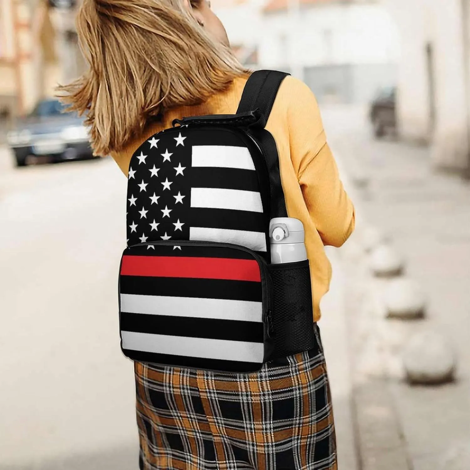 Supdreamc Polyester Daypack for Camping Travel Walking Cycling - Big Capacity Anti-Theft Multipurpose Bookbag, American Thin Red Line Flag Pattern Camping Outdoor Backpack