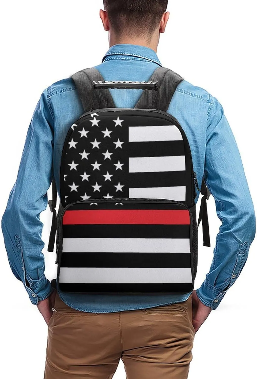 Supdreamc Polyester Daypack for Camping Travel Walking Cycling - Big Capacity Anti-Theft Multipurpose Bookbag, American Thin Red Line Flag Pattern Camping Outdoor Backpack
