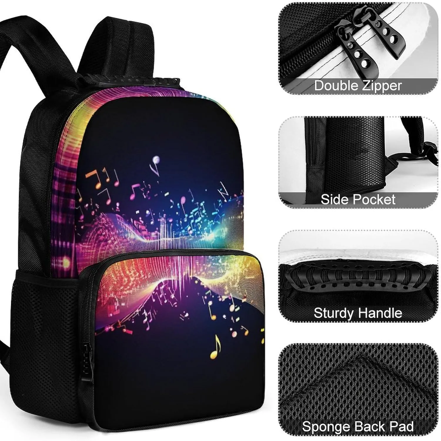 Supdreamc Polyester Daypack for Hiking Work Running - Big Capacity Anti-Theft Multipurpose Shoulder Bag, Colorful Neon Music Notes Travel and Sport Backpack Rucksack