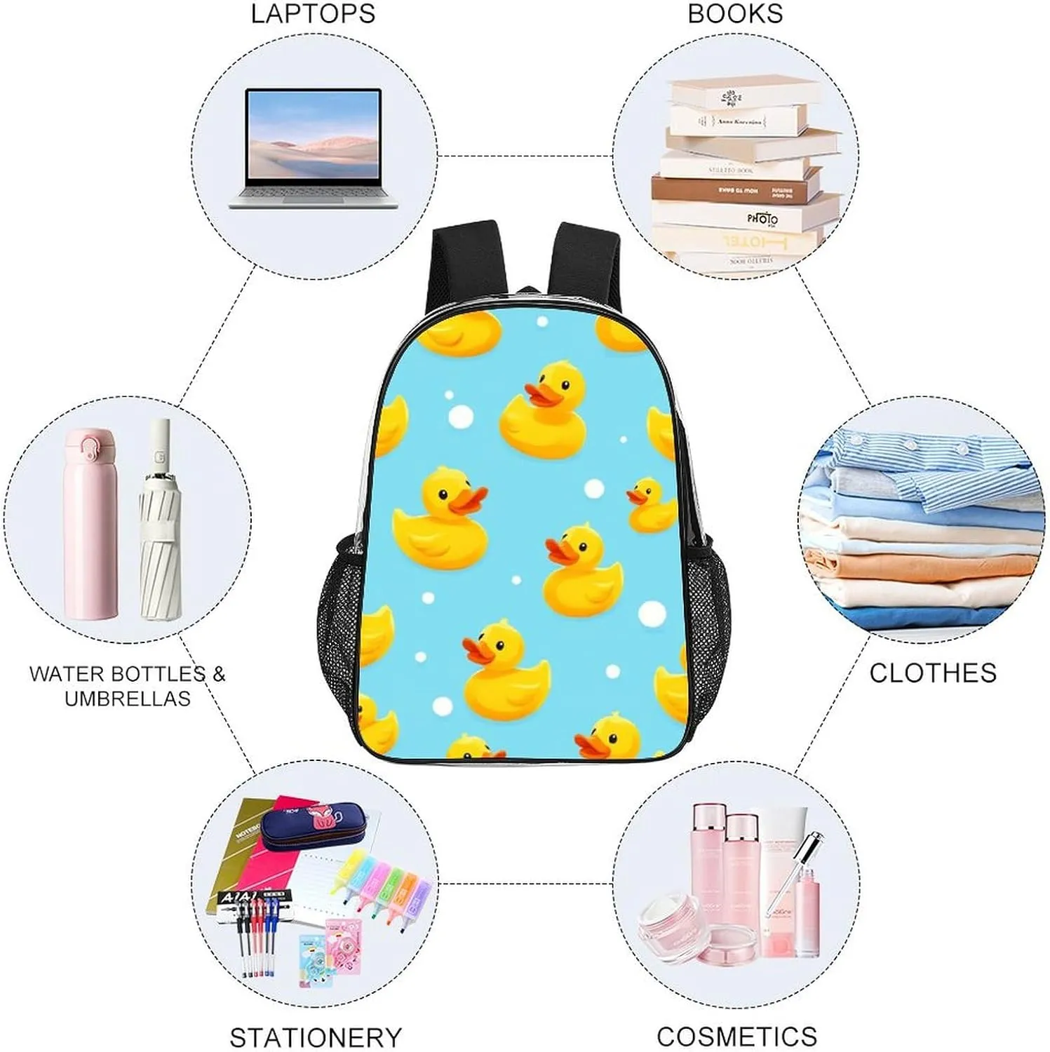 Supdreamc Transparent Daypack Backpack for Sports Travel Running - Big Capacity Anti-Theft Multipurpose Carry On Bag, Cute Funny Blue Bubbles Yellow Rubber Ducks Laptop Book Bag Rucksack