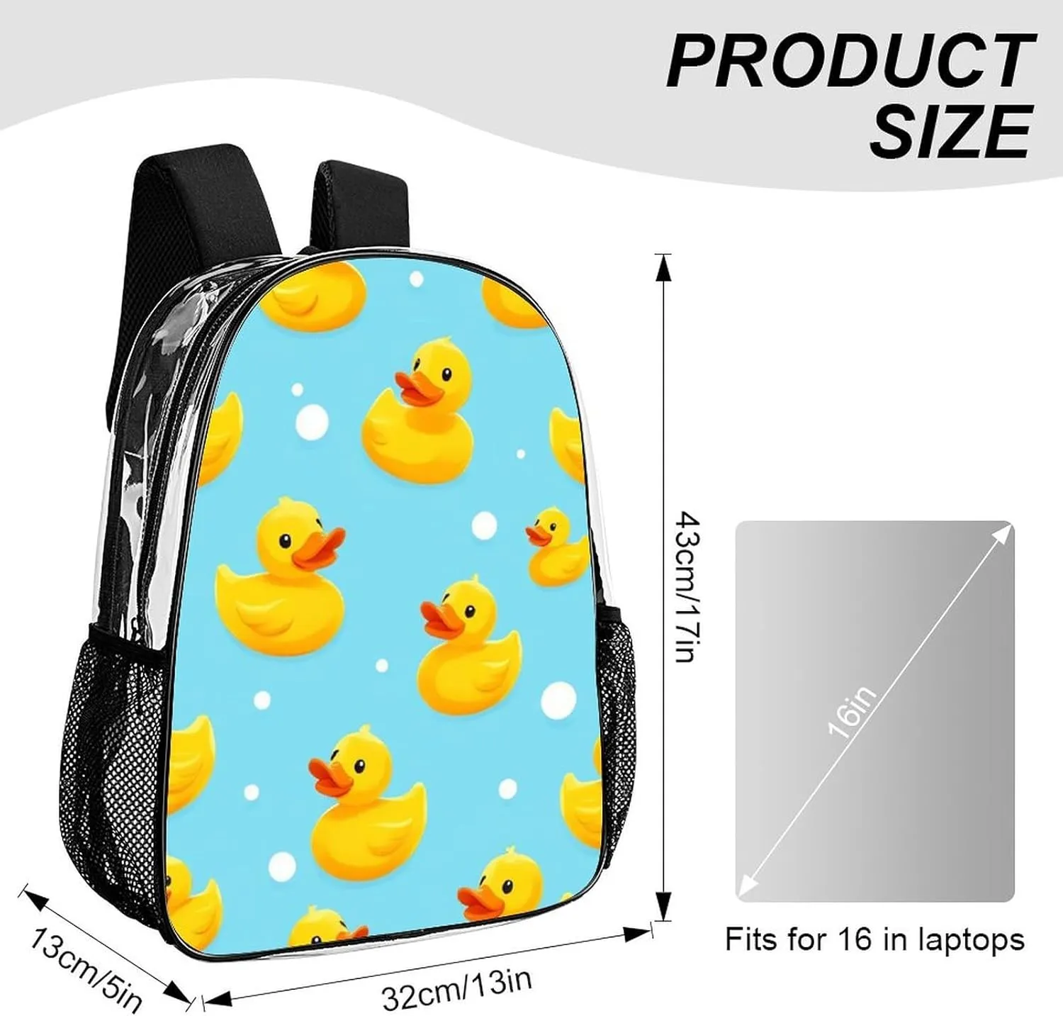 Supdreamc Transparent Daypack Backpack for Sports Travel Running - Big Capacity Anti-Theft Multipurpose Carry On Bag, Cute Funny Blue Bubbles Yellow Rubber Ducks Laptop Book Bag Rucksack