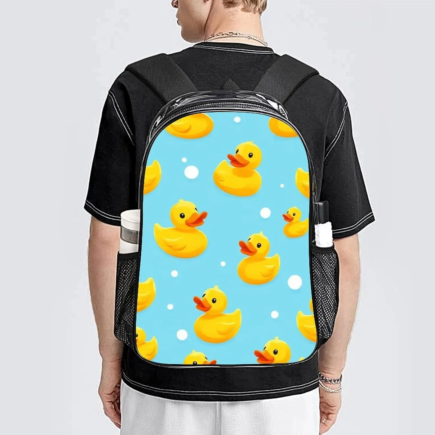 Supdreamc Transparent Daypack Backpack for Sports Travel Running - Big Capacity Anti-Theft Multipurpose Carry On Bag, Cute Funny Blue Bubbles Yellow Rubber Ducks Laptop Book Bag Rucksack