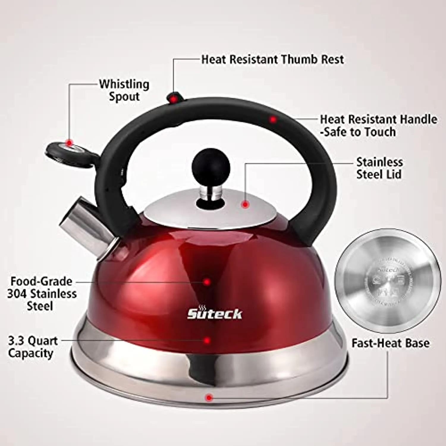 Suteck Whistling Tea Kettle 3.3 Qt Tea Pot Stainless Steel Hot Water Teapot for ALL Stovetops 2 FREE Infusers Included，Red