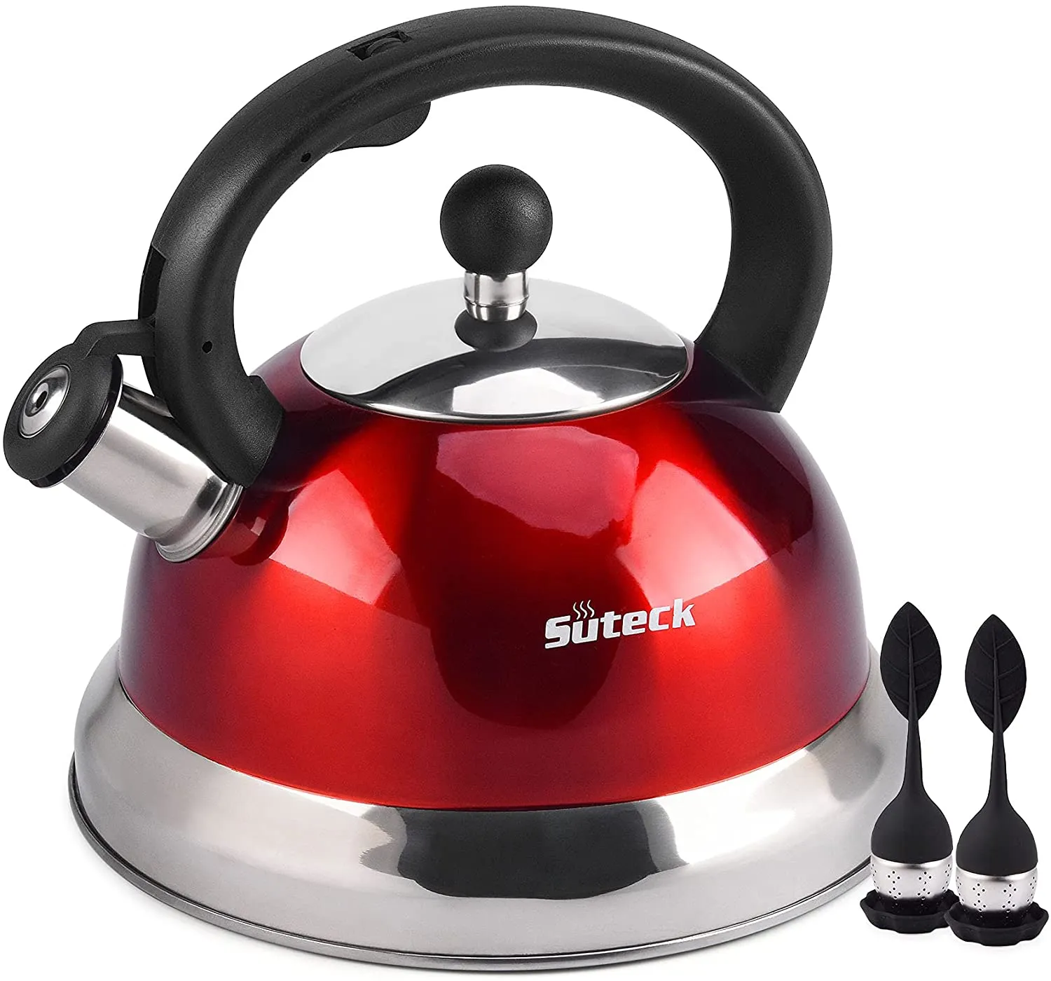 Suteck Whistling Tea Kettle 3.3 Qt Tea Pot Stainless Steel Hot Water Teapot for ALL Stovetops 2 FREE Infusers Included，Red