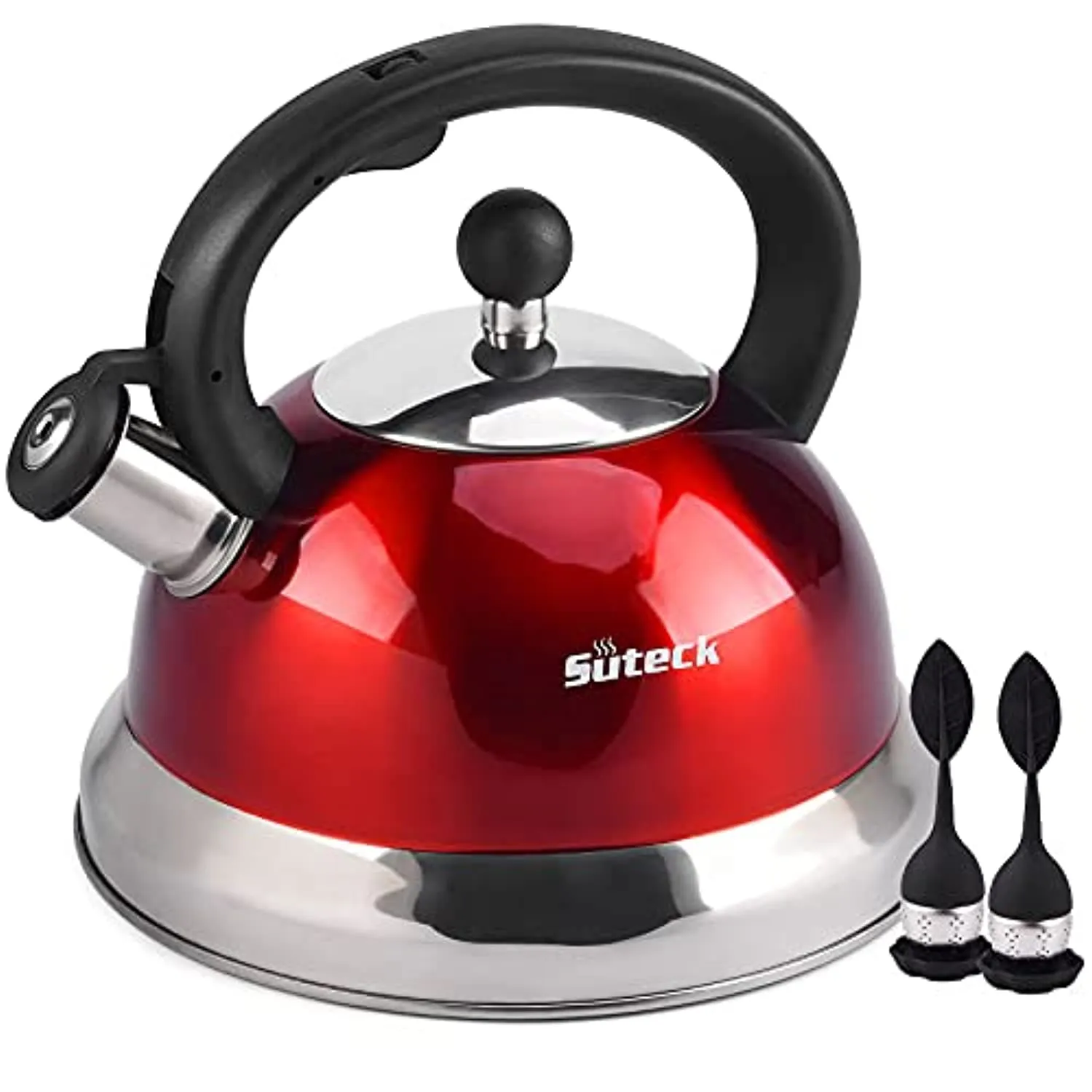 Suteck Whistling Tea Kettle 3.3 Qt Tea Pot Stainless Steel Hot Water Teapot for ALL Stovetops 2 FREE Infusers Included，Red