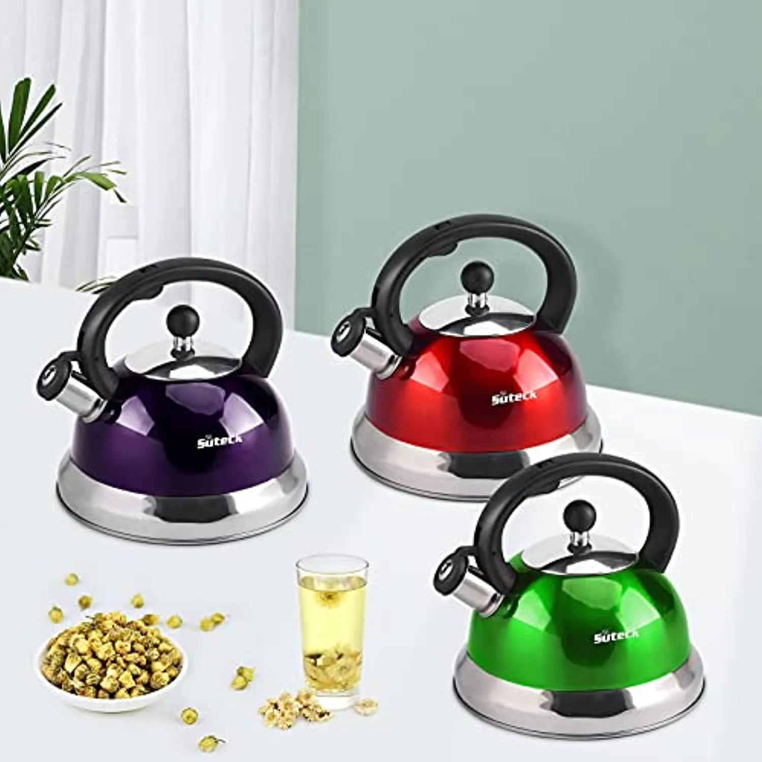 Suteck Whistling Tea Kettle 3.3 Qt Tea Pot Stainless Steel Hot Water Teapot for ALL Stovetops 2 FREE Infusers Included，Red