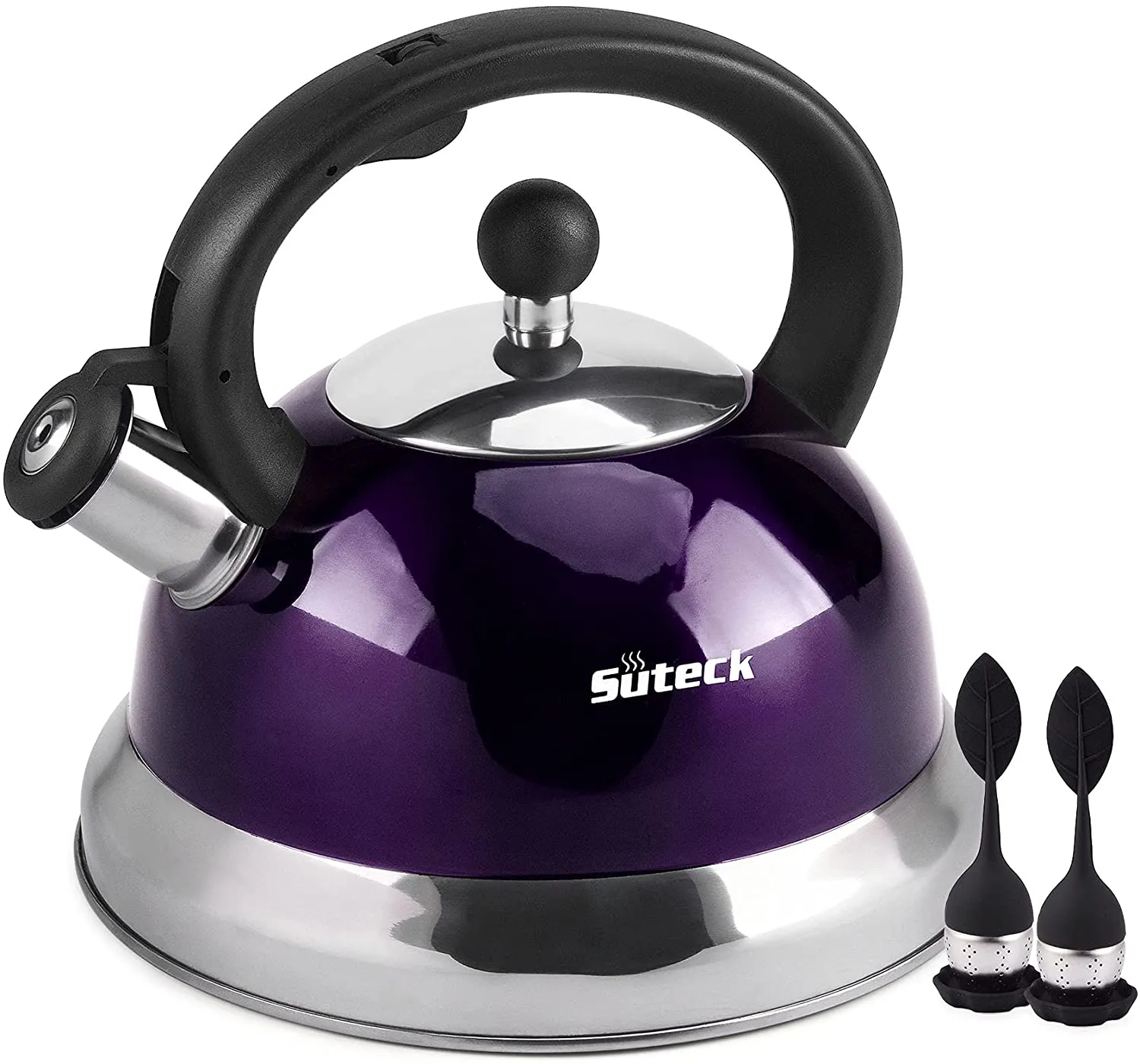 Suteck Whistling Tea Kettle 3.3 Qt Tea Pot Stainless Steel Hot Water Teapot for ALL Stovetops 2 FREE Infusers Included，Red