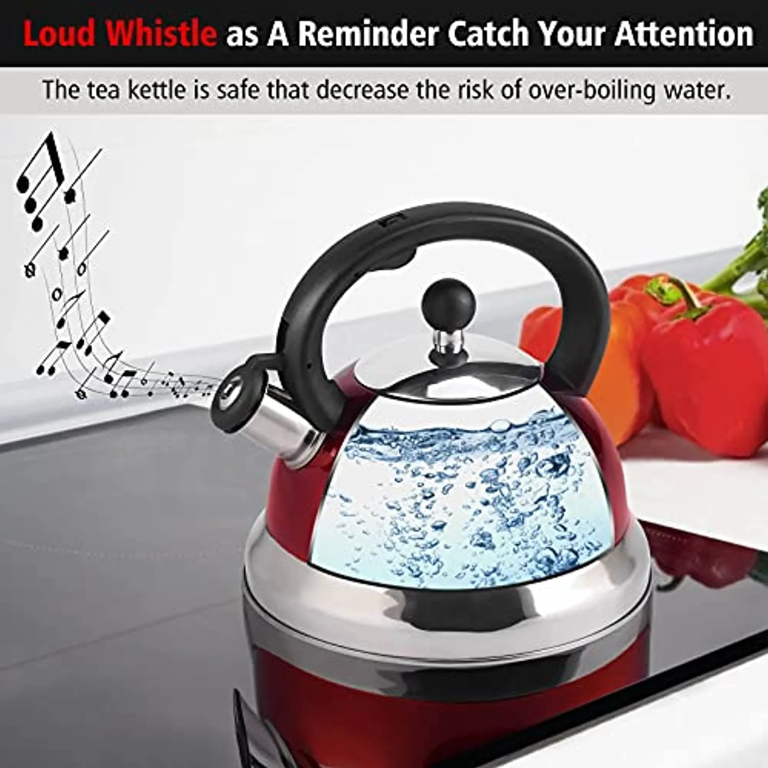 Suteck Whistling Tea Kettle 3.3 Qt Tea Pot Stainless Steel Hot Water Teapot for ALL Stovetops 2 FREE Infusers Included，Red