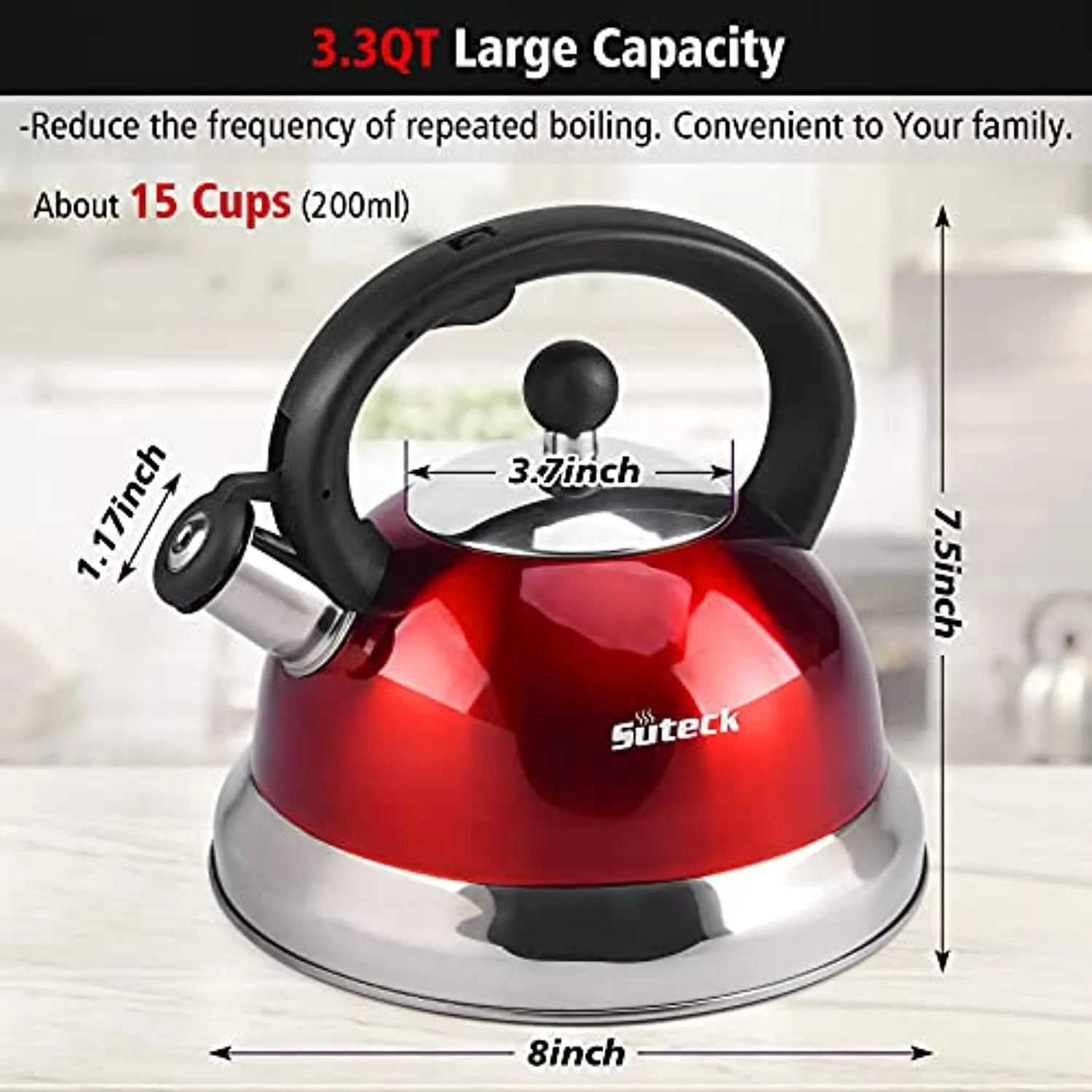 Suteck Whistling Tea Kettle 3.3 Qt Tea Pot Stainless Steel Hot Water Teapot for ALL Stovetops 2 FREE Infusers Included，Red