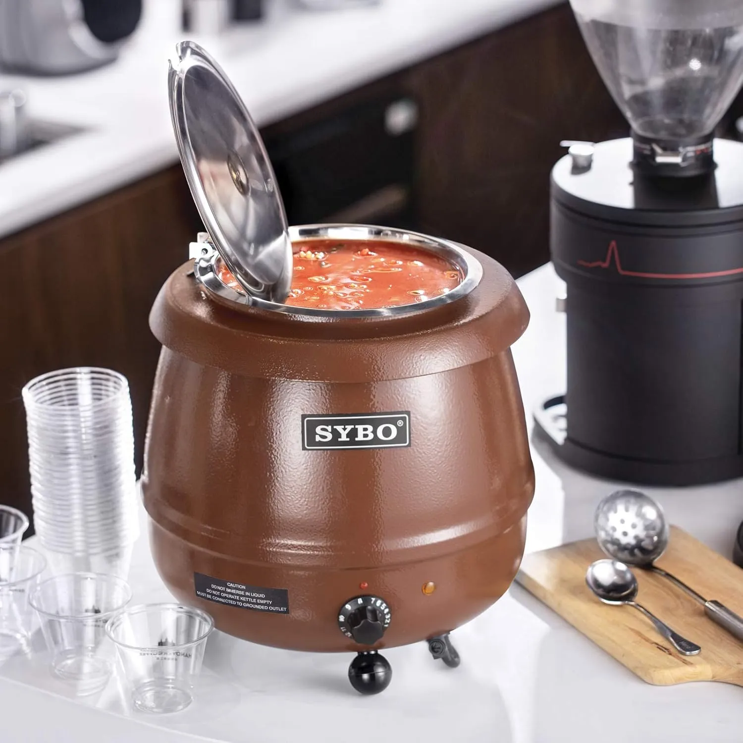 SYBO SB-6000-1G Commercial Grade Soup Warmer Kettle with Hinged Lid and Detachable Stainless Steel Insert Pot for Restaurant and Big Family, 10.5 Quarts, Brown