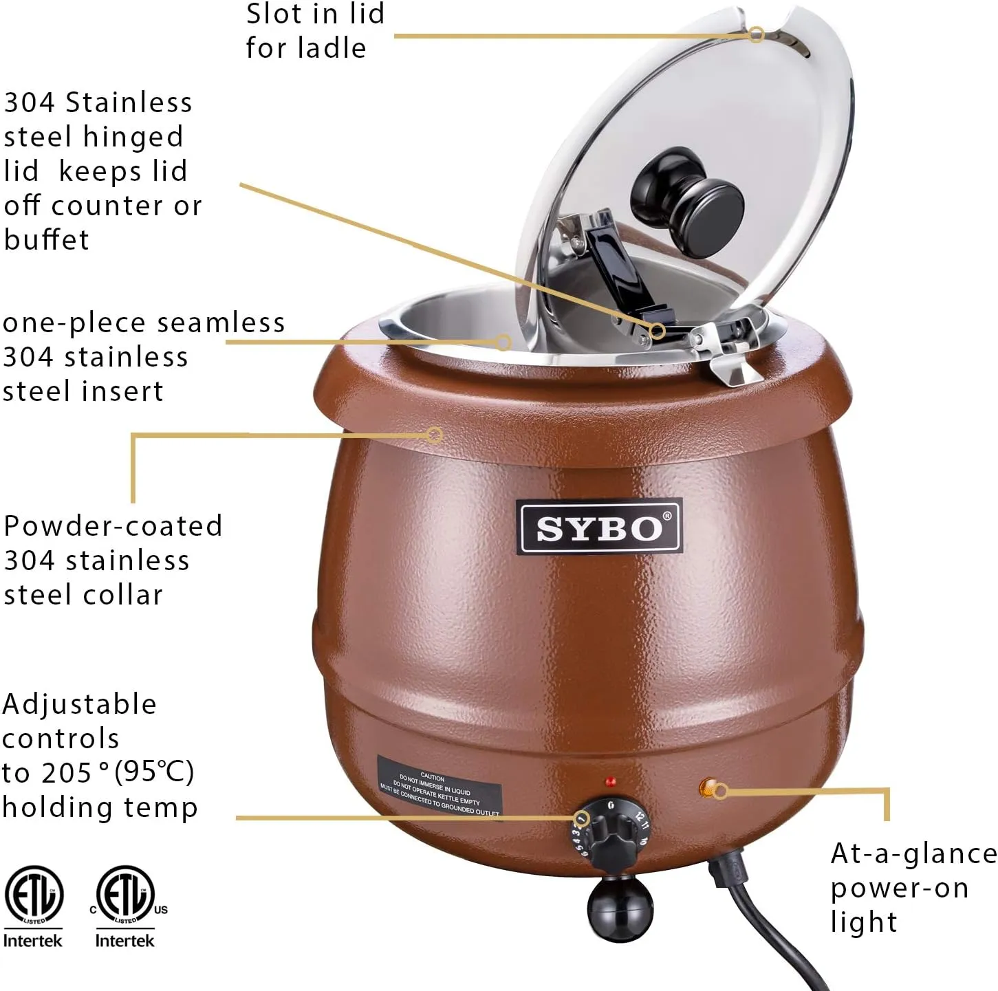 SYBO SB-6000-1G Commercial Grade Soup Warmer Kettle with Hinged Lid and Detachable Stainless Steel Insert Pot for Restaurant and Big Family, 10.5 Quarts, Brown