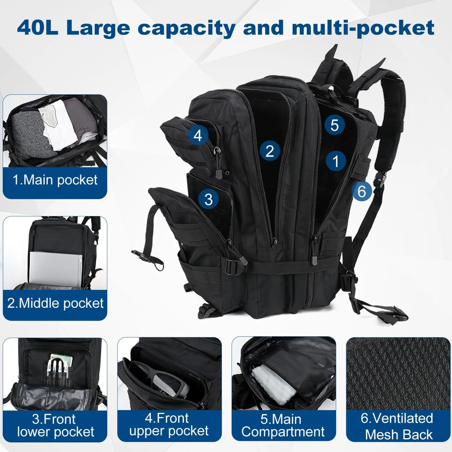 Tactical Backpack for Men 40L Military Molle Backpack Large 3 Day Assault Pack Rucking Backpack for for Hiking Camping Travel Fishing Outdoors (Black)