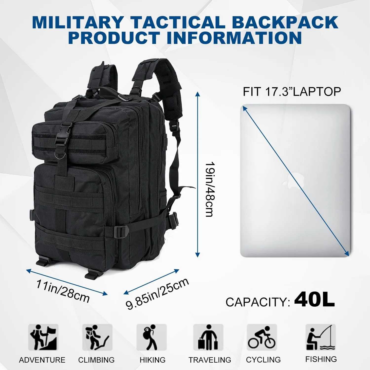 Tactical Backpack for Men 40L Military Molle Backpack Large 3 Day Assault Pack Rucking Backpack for for Hiking Camping Travel Fishing Outdoors (Black)