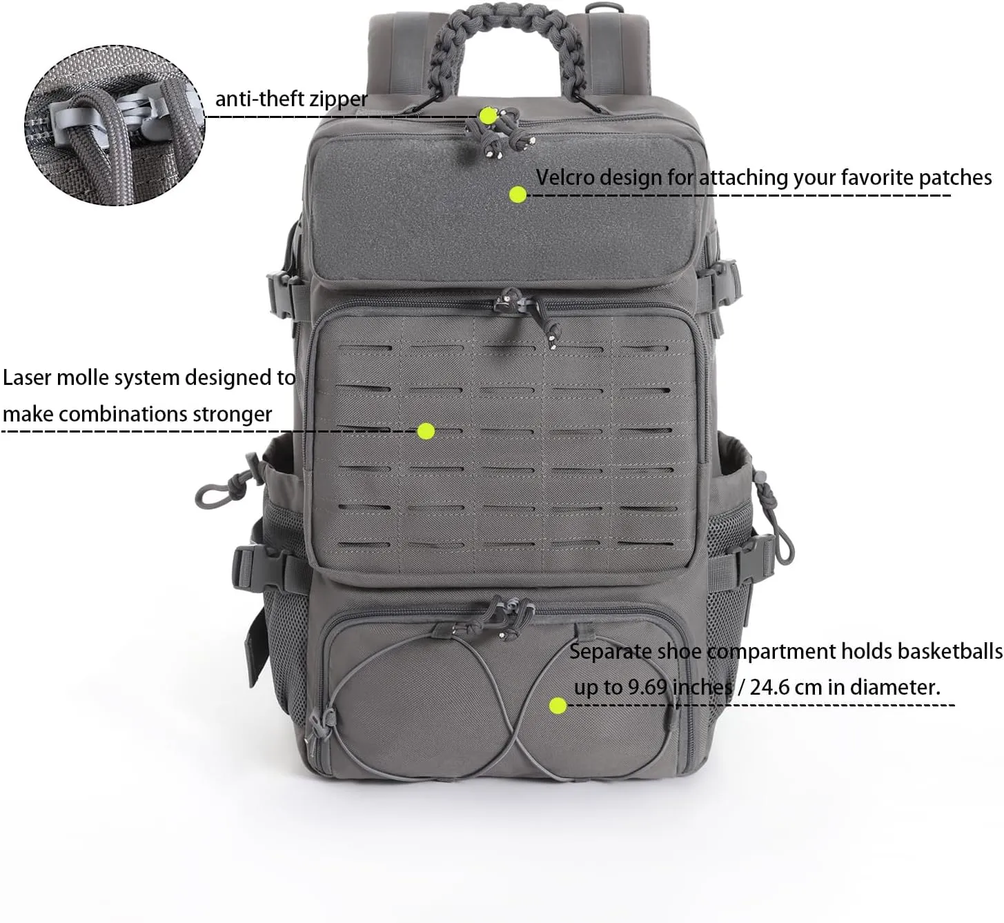 Tactical Military Backpack, Large Capacity Molle System, Multi-Compartment Design with Shoe Storage, Black (grey)
