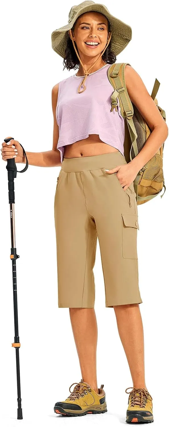 TBMPOY Womens 15" Long Hiking Shorts Below Knee Length Cargo Capri Bermuda Water Resistant Lightweight Stretch 3 Pockets