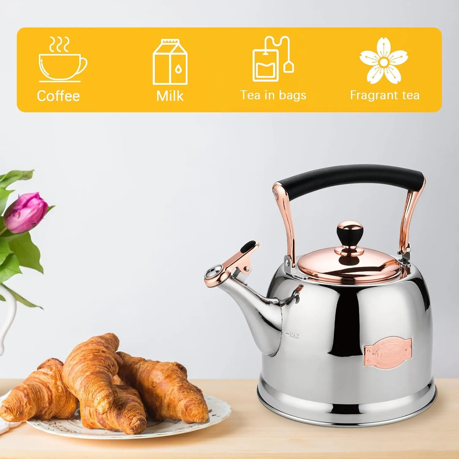 Tea Kettle Stainless Steel Teapot, Stainless Steel Teakettle for Stove Top with Heat Proof Ergonomic Handle 3.0 Quart
