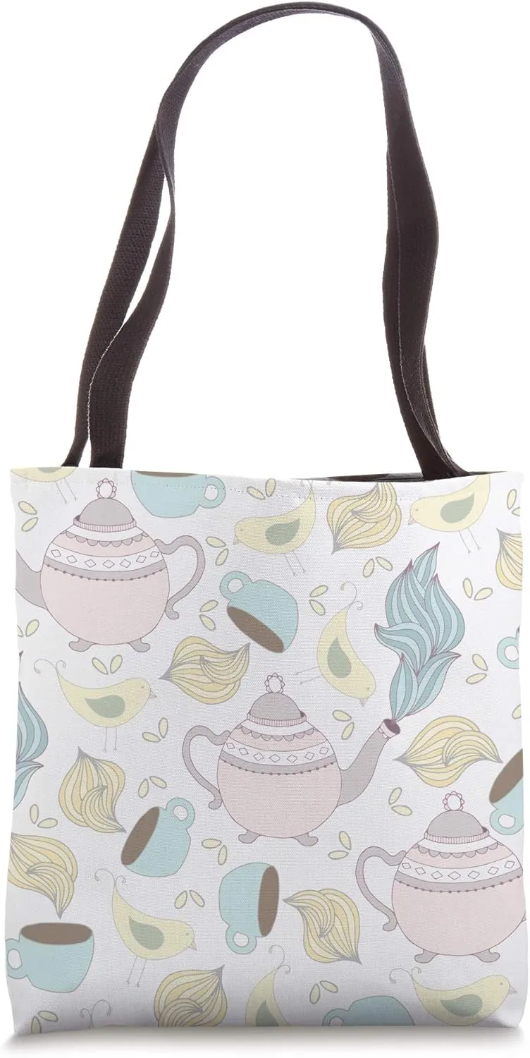 Tea Kettle, Tea Cup and Bird Whimsical Illustrated Design Tote Bag