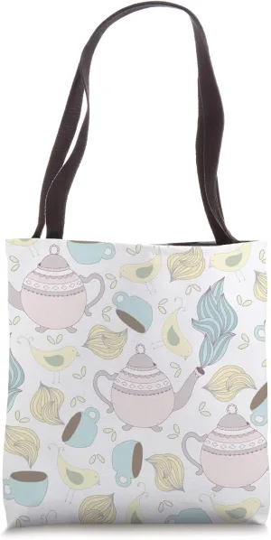 Tea Kettle, Tea Cup and Bird Whimsical Illustrated Design Tote Bag