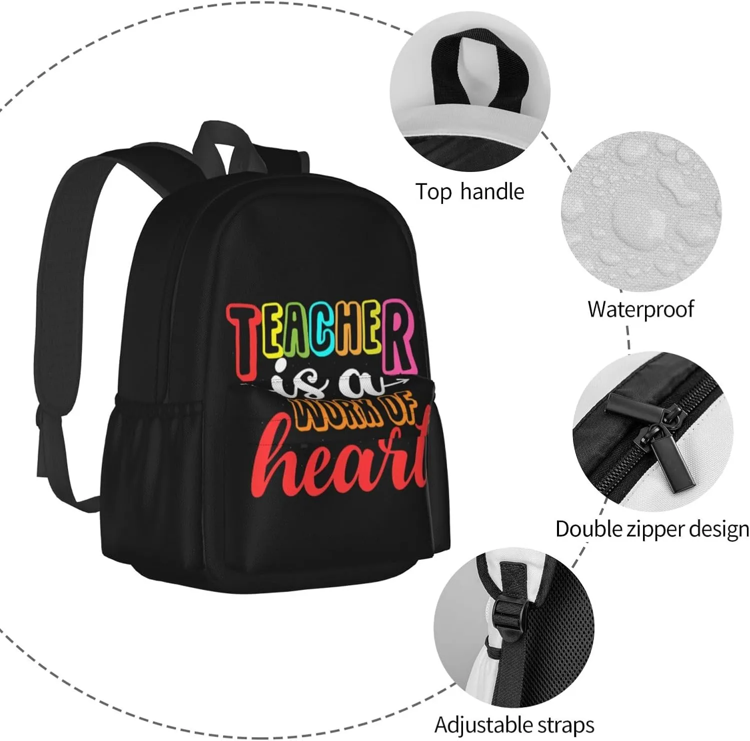 Teacher Is A Work Of Heart Backpack Casual Laptop Backpack Large Capacity Double Shoulder Bag Travel Daypack For Women Men