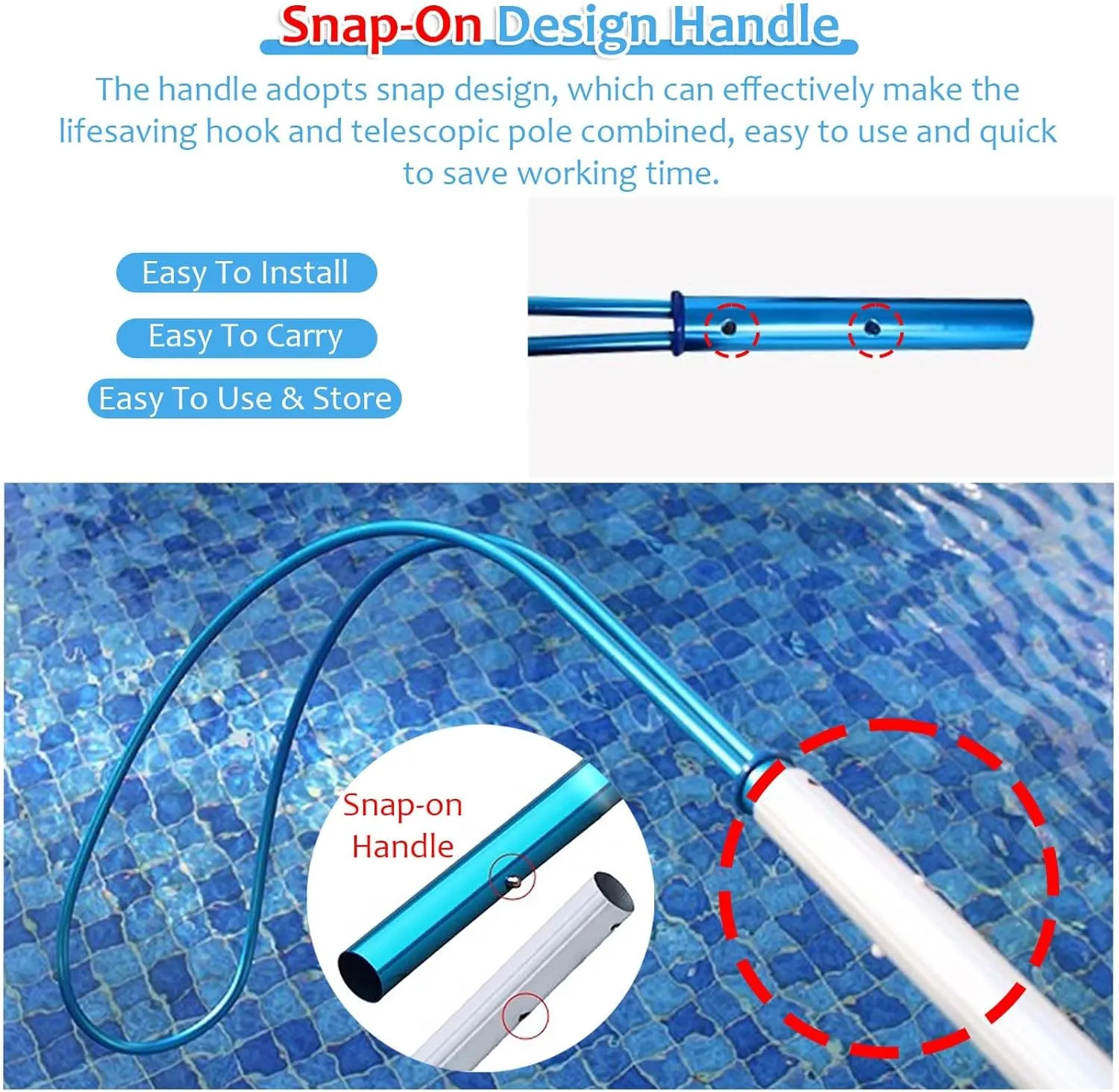 Telescopic Pool Rescue Hook with 6.5ft Aluminium Alloy Pole - Portable Blue Life Saving Hook for Pools, Boats, Seaside, Parks - Essential Safety Tool for Drowning Prevention