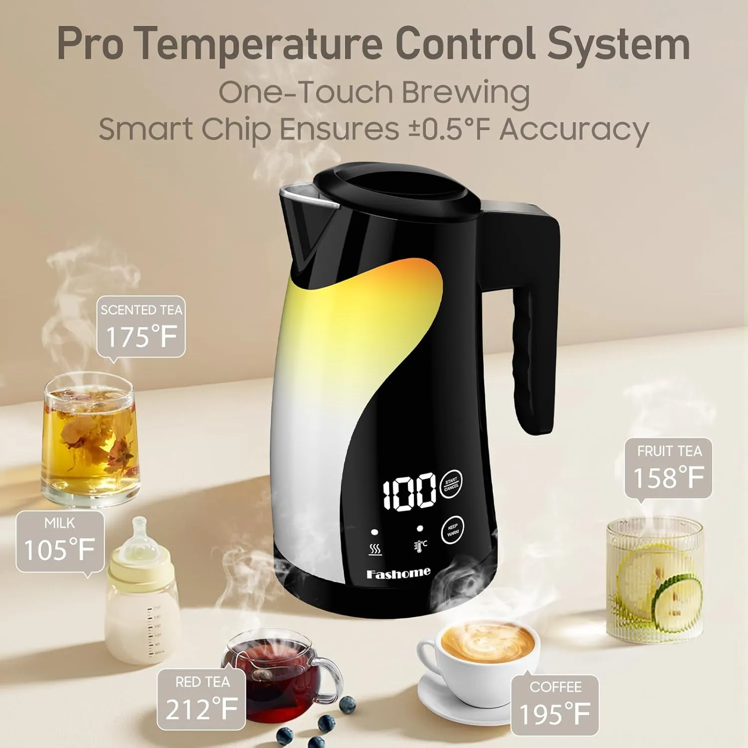 Temperature Control Electric Kettle, 5 Temp Presets, 2H Keep Warm, Cool-Touch Design with Auto Shut-Off, 1.25L Stainless Steel, Adjustable Temperature Control, 360° Rotating Base, (Black)