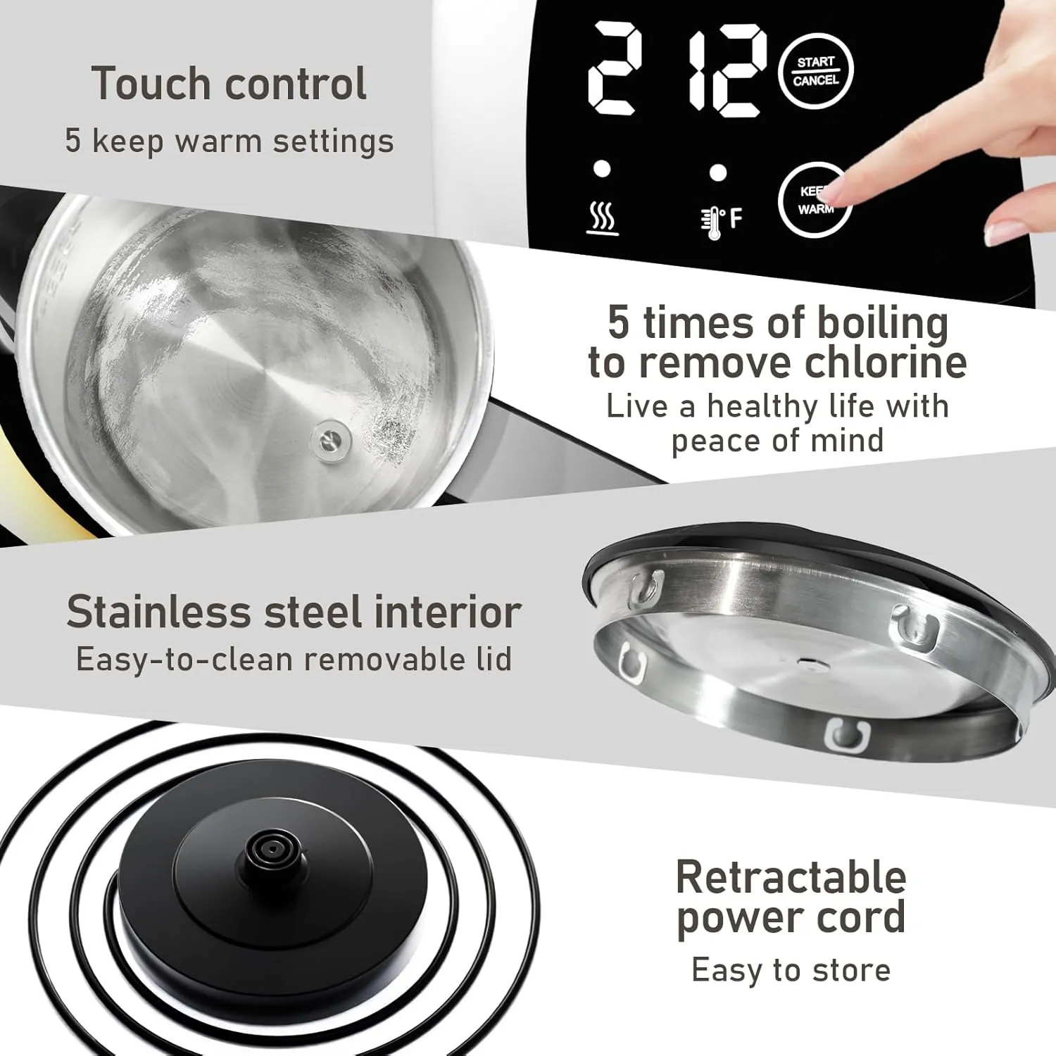 Temperature Control Electric Kettle, 5 Temp Presets, 2H Keep Warm, Cool-Touch Design with Auto Shut-Off, 1.25L Stainless Steel, Adjustable Temperature Control, 360° Rotating Base, (Black)