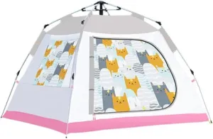 Tents for Camping Automatic Pop Up Tent Family Cat Pattern Camping Tent 3-4 Person with 3 Mesh Windows Waterproof Instant Outdoor Tent Beach Tent (Color : Pink, Size : 200 * 200 * 140cm)
