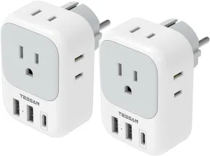 TESSAN 2 Pack Type E F Plug Adapter USB C, Germany France Power Adaptor with 3 USB Charger Ports, 4 Outlets Plug for US Travel to Europe EU Spain Iceland Korea Greece Russia German French