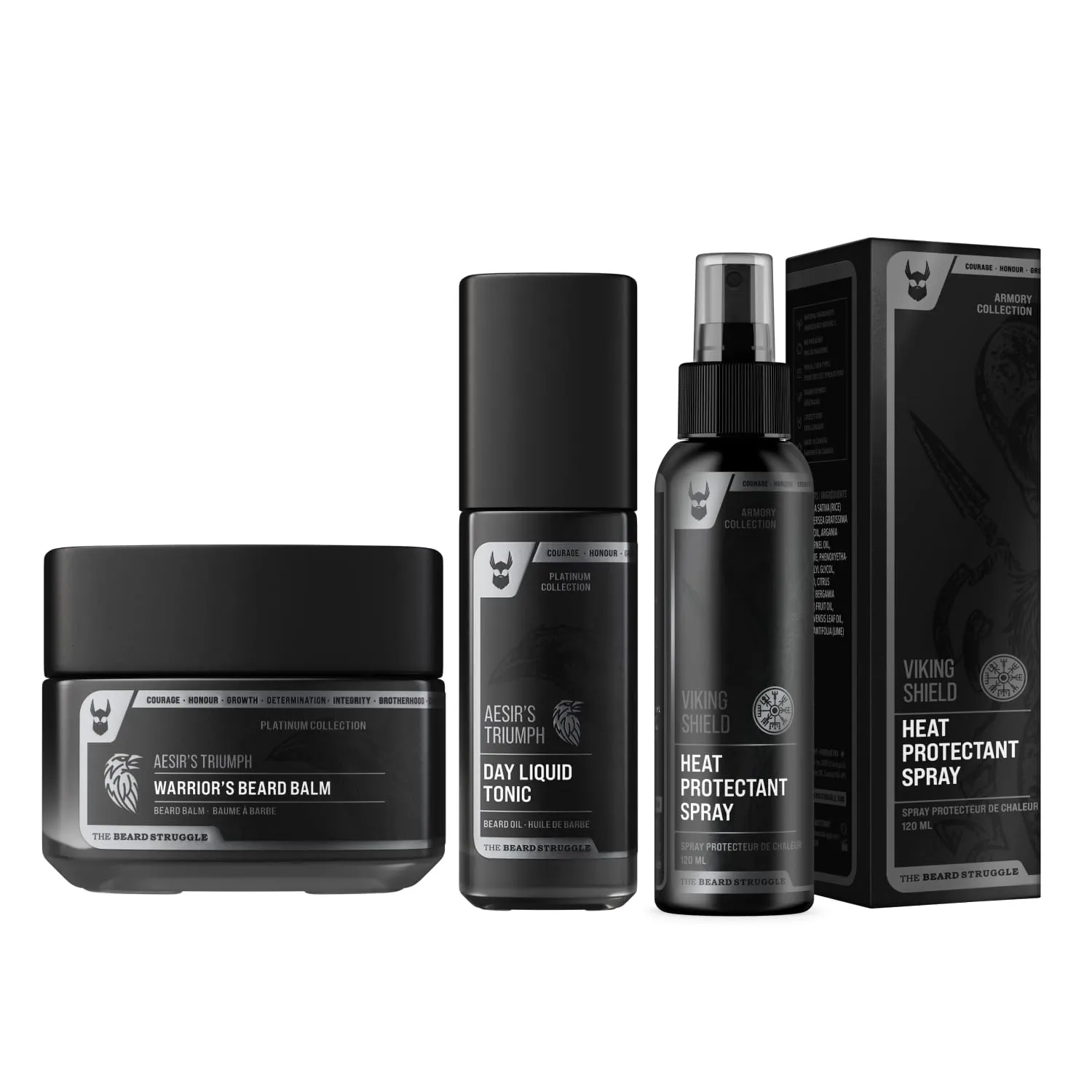 The Beard Struggle Beard & Hair Heat Protectant Spray, Warrior’s Beard Balm & Day Liquid Tonic Beard Oil Bundle Nourishes & Revitalizes Beard Hair - Platinum Collection - Aesir's Triumph