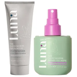 The Luna Daily Everywhere Exfoliator 180ml & Spray-to-Wipe 100ml | Natural, Vegan Body Scrub with AHA & Gentle pH-Balanced Intimate Cleanser for Daily Use, Hydrating & Travel-Size