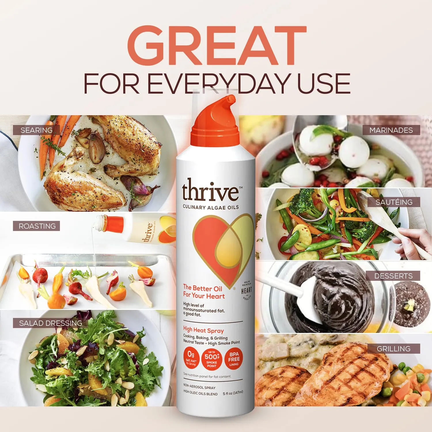 Thrive Cooking Spray – Everyday Algae Oil Culinary Blend High Heat Spray, Heart and Health-Conscious, Rich in Omega-9 Monounsaturated Fat (85%), Low Omega-6, Blended with UltraSun, 5 fl oz, 3 Pack