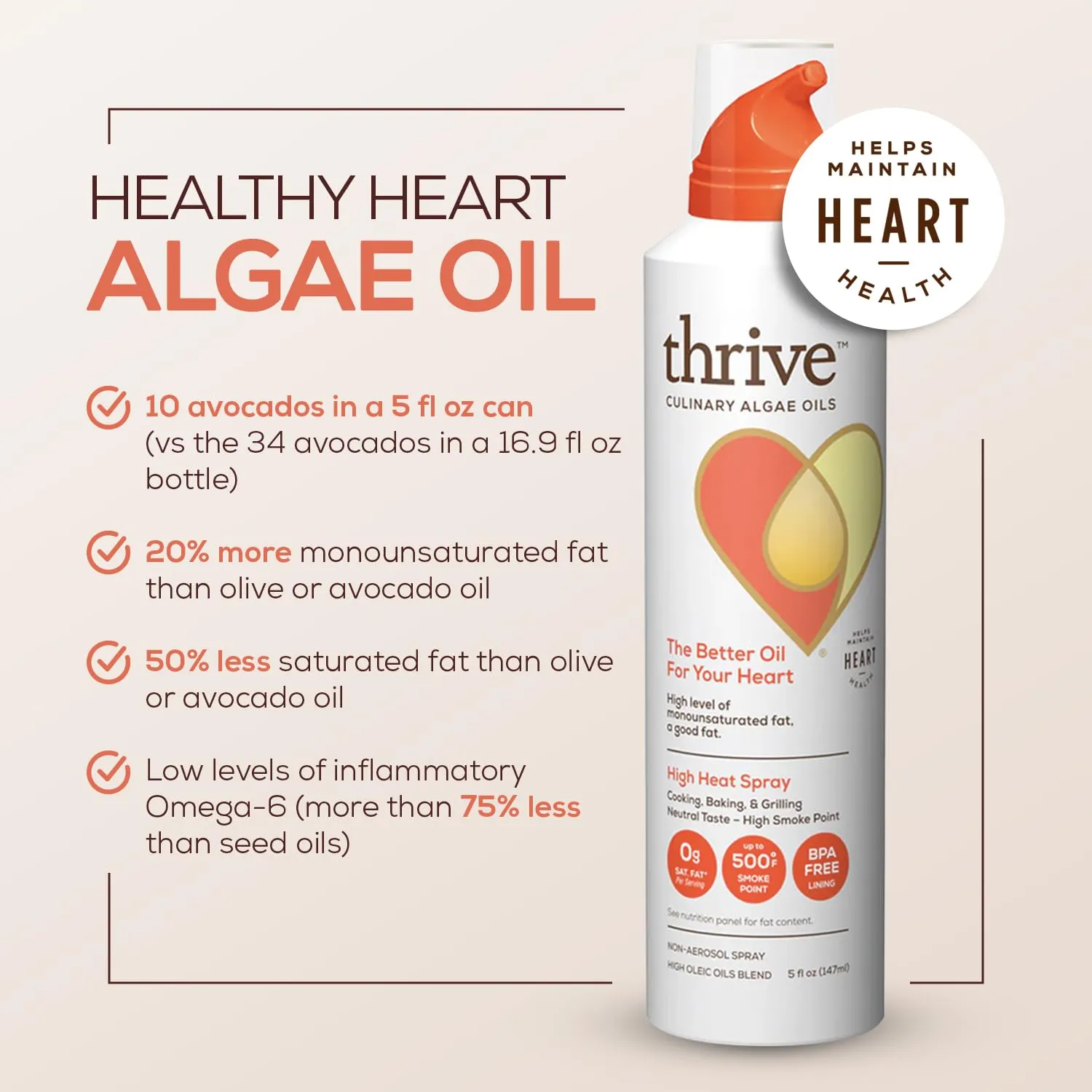Thrive Cooking Spray – Everyday Algae Oil Culinary Blend High Heat Spray, Heart and Health-Conscious, Rich in Omega-9 Monounsaturated Fat (85%), Low Omega-6, Blended with UltraSun, 5 fl oz, 3 Pack
