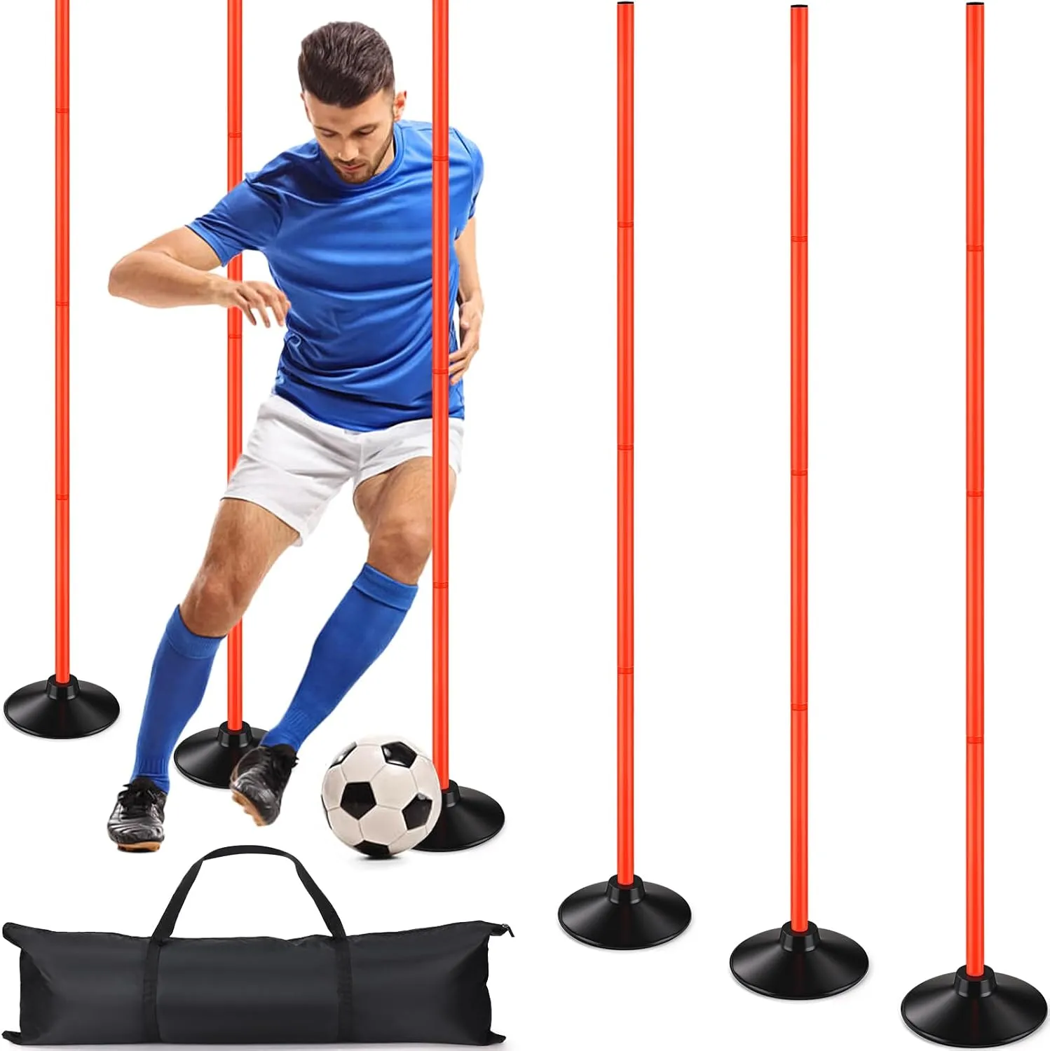 TOBWOLF 6PCS 6FT Adjustable Soccer Agility Training Poles, Detachable Sports Training Speed Sticks, Slalom Training Agility Pole Set, Outdoor Speed & Agility Turf Training Poles for Soccer Drills