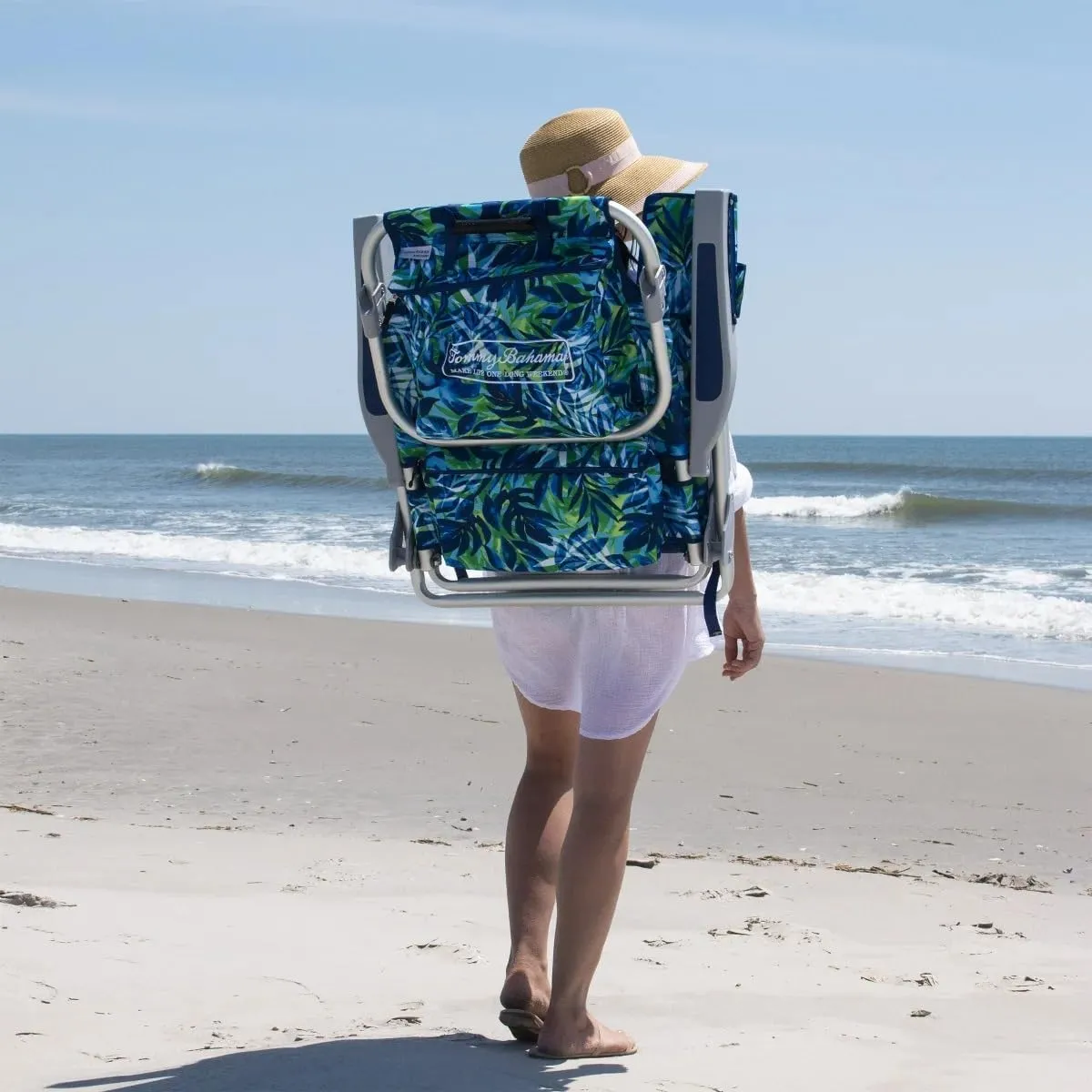 Tommy Bahama 5 Position Beach Chair, Zippered Insulated Cargo Pouch, Cup and Cell Phone Holders, Towel Bar, Pillow for Extra Comfort, Heavy-Duty Weight Capacity, 2-Pack (Blue Leaves)