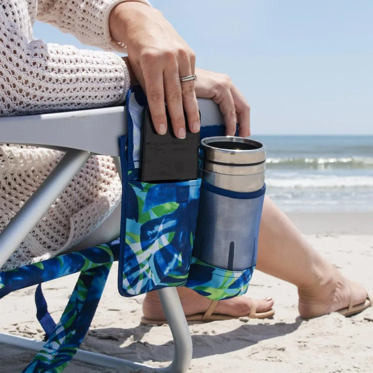 Tommy Bahama 5 Position Beach Chair, Zippered Insulated Cargo Pouch, Cup and Cell Phone Holders, Towel Bar, Pillow for Extra Comfort, Heavy-Duty Weight Capacity, 2-Pack (Blue Leaves)